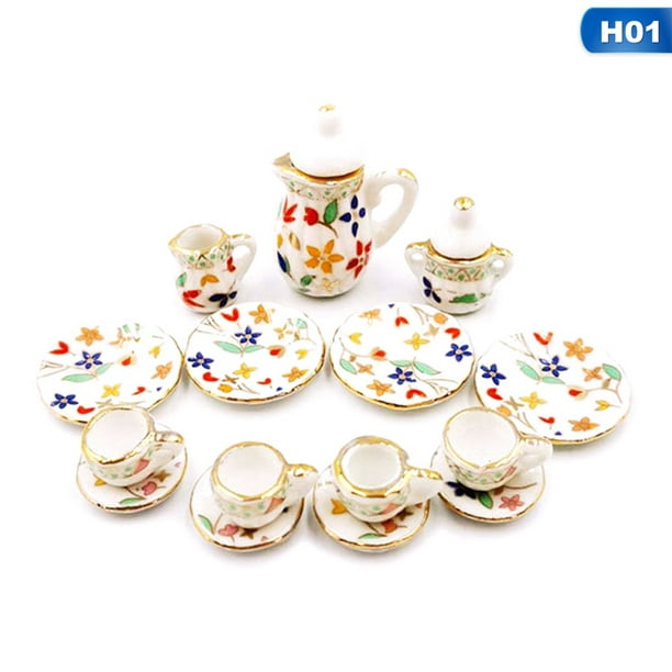 Dollhouse Miniature Set of 15 Porcelain Strawberry Tea Cup Set 1:12 Ceramic Top